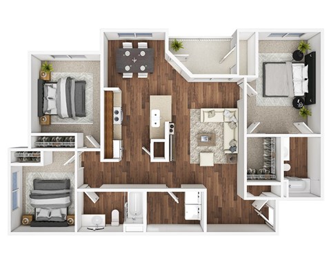 Floor plan for 3 beds, 2 baths, 1250 sqft